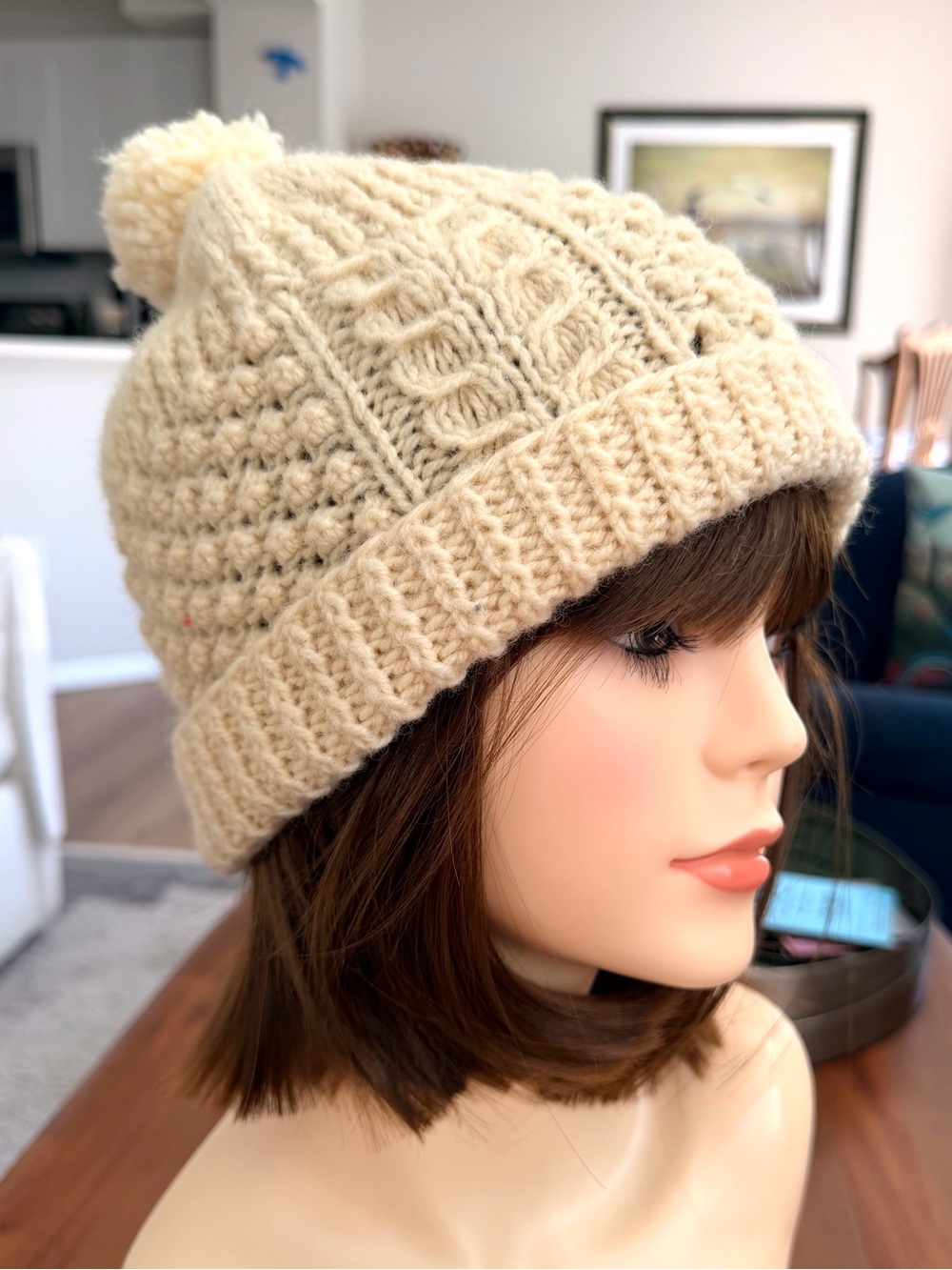 Hand Knit Ireland Cream Cable Knit Pom Pom Beanie Aran Style Hat